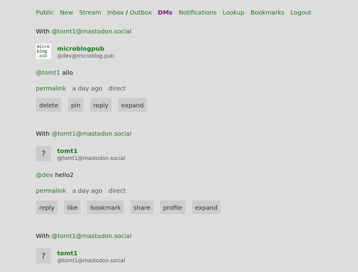 Microblogpub admin UI on the direct messages section displaying the most recent threads.